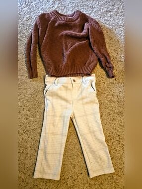 Kids Matching Set - Cream Plaid Pants & Brown Sweater